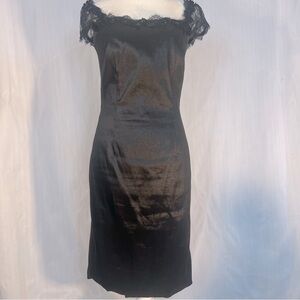 Kathy Hilton Black Cocktail Dress Satin Lace Illusion Cap Sleeves Sequins 8👍